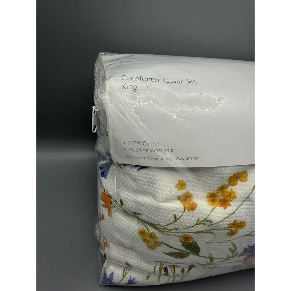 Sky Wildflowers Cotton KING Duvet Cover & 2 KING Shams NEW